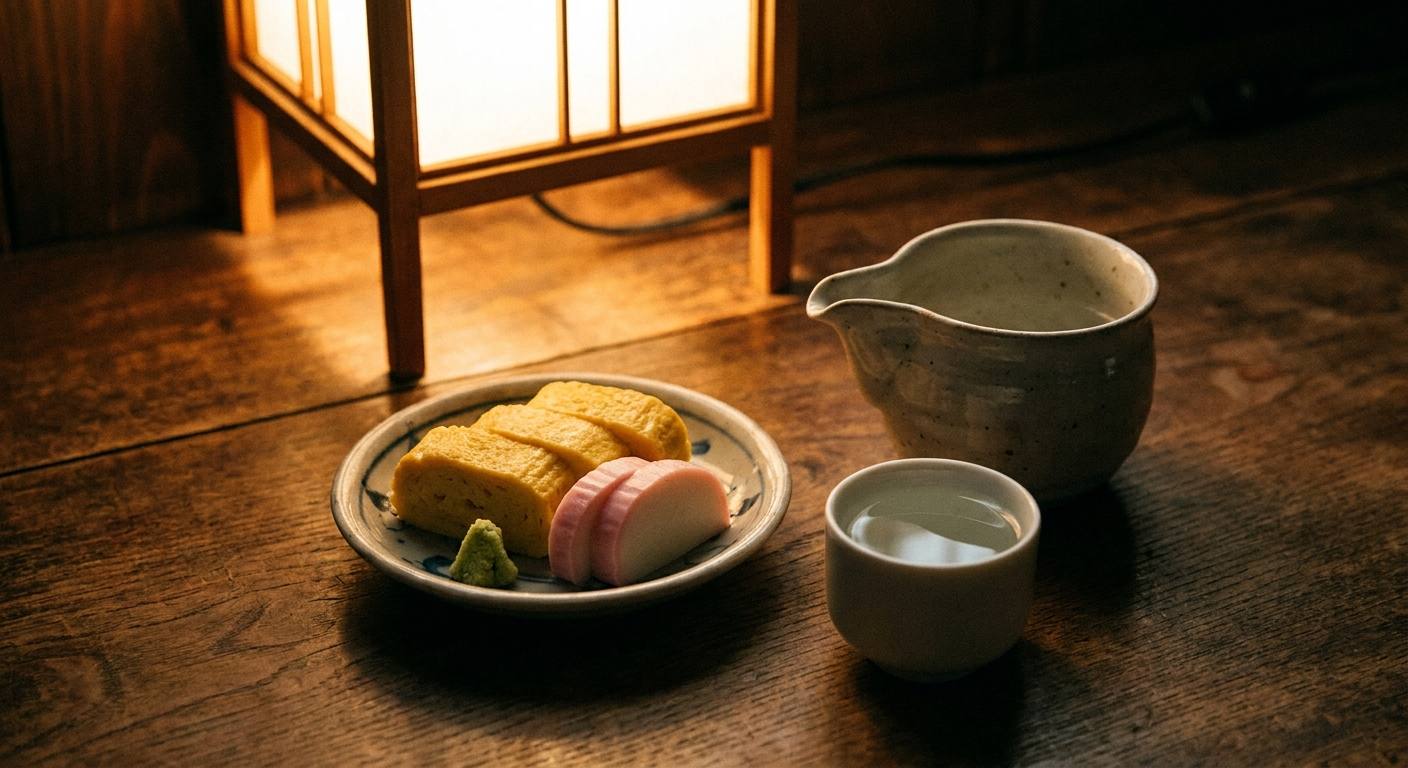 だし巻き玉子と板わさ、冷酒の蕎麦前