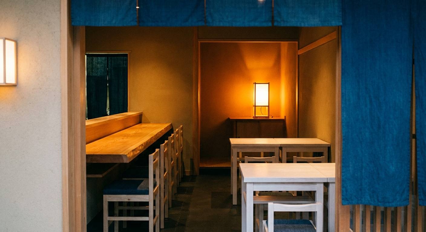 行灯のあかりがともる店内の席