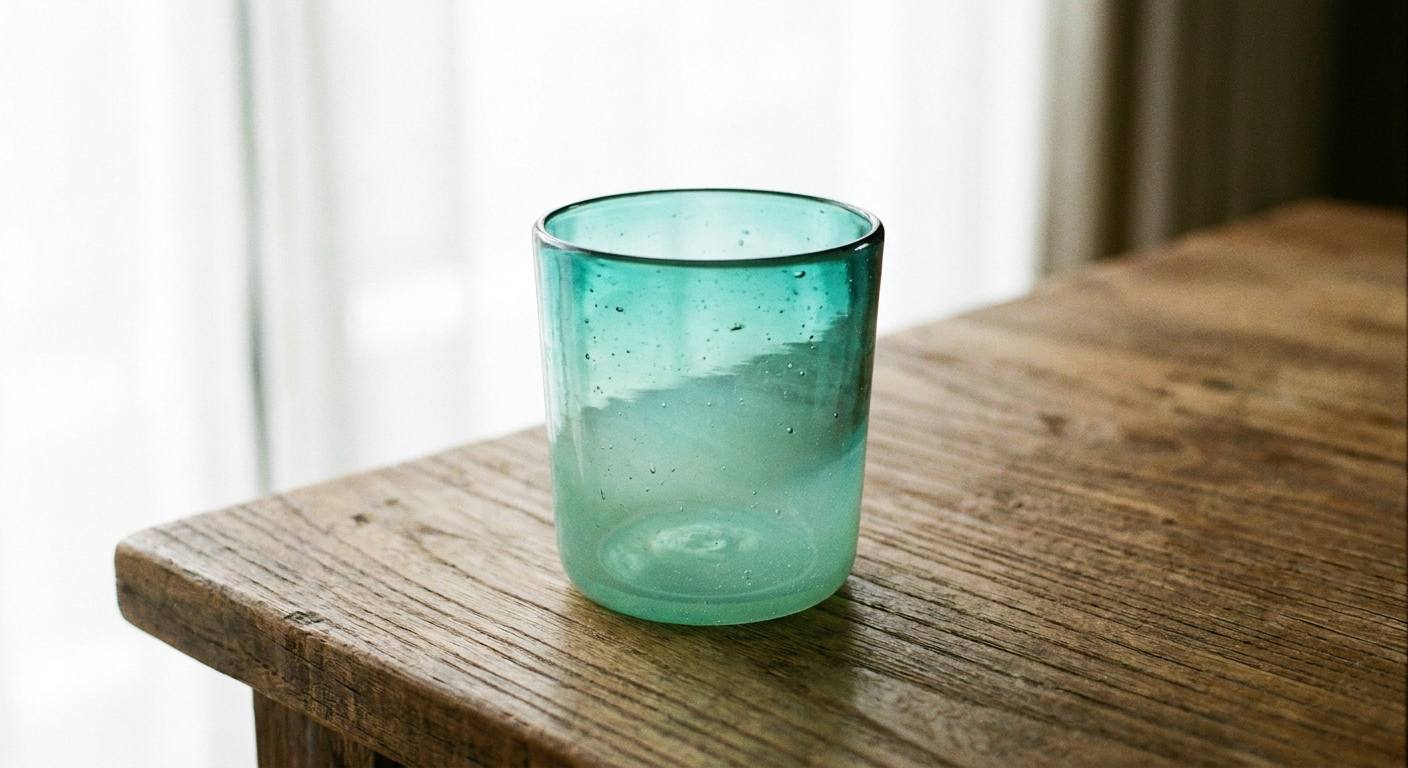 気泡をたたえた青緑のグラス