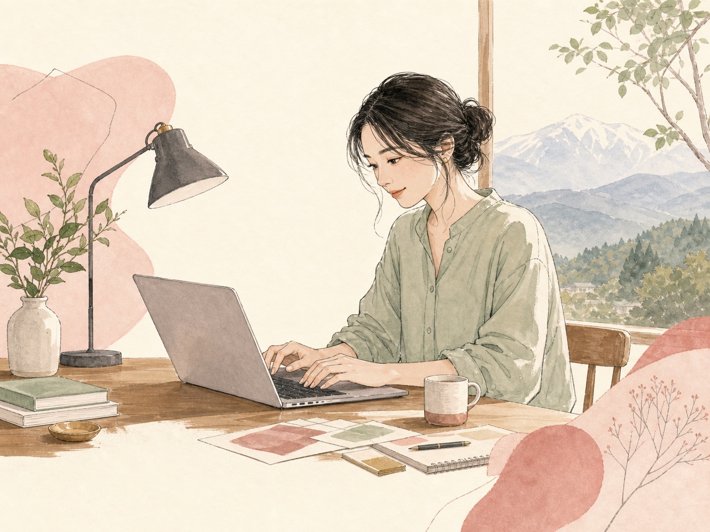 長野の山を背景に、机でホームページを制作するデザイナー